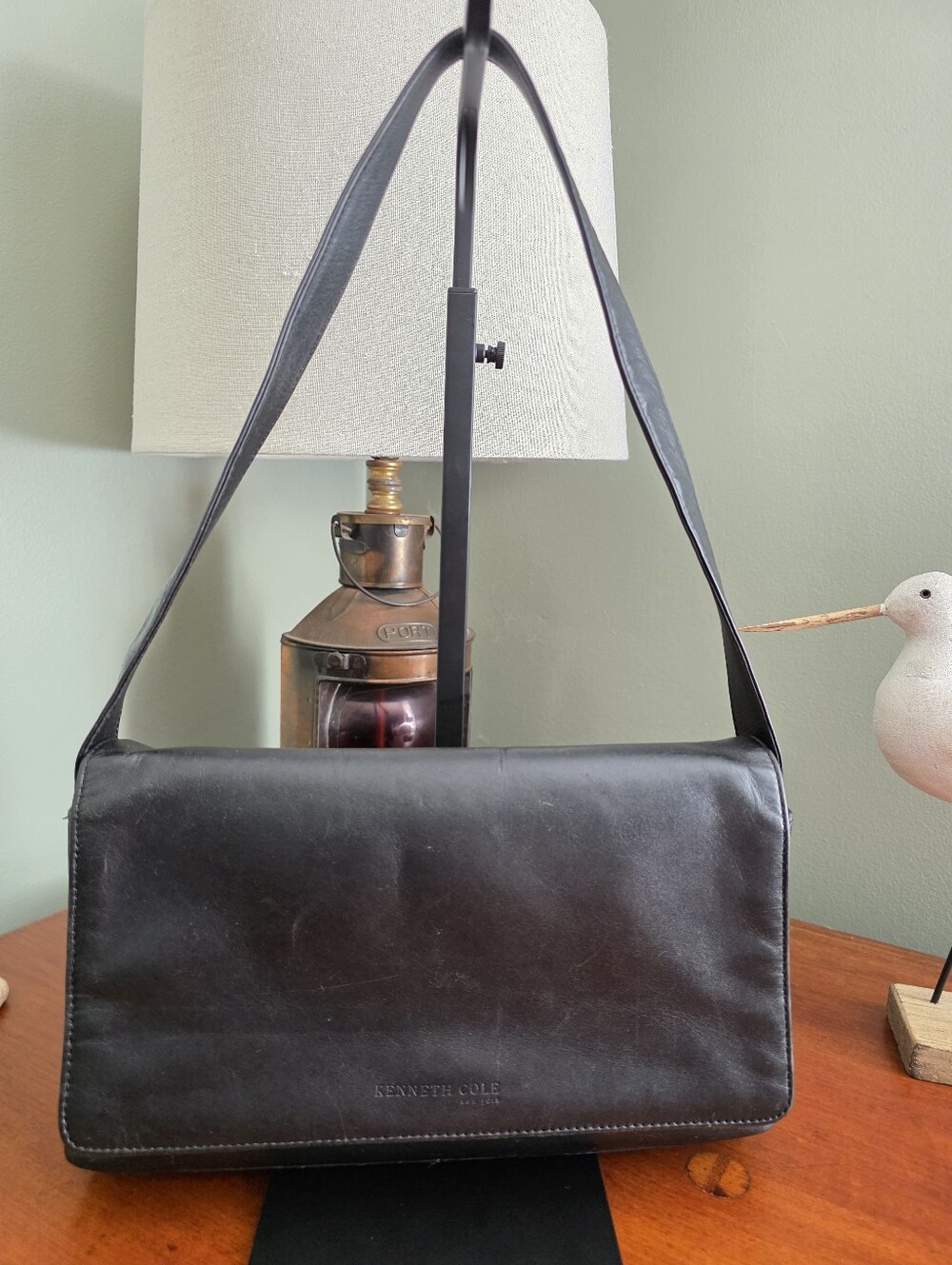 Kenneth Cole Black Leather Shoulder Flap Bag Y2K Minimalist Purse